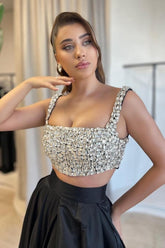 Charming A-Line Satin Square Sleeveless Black Prom Evening Dresses With Split